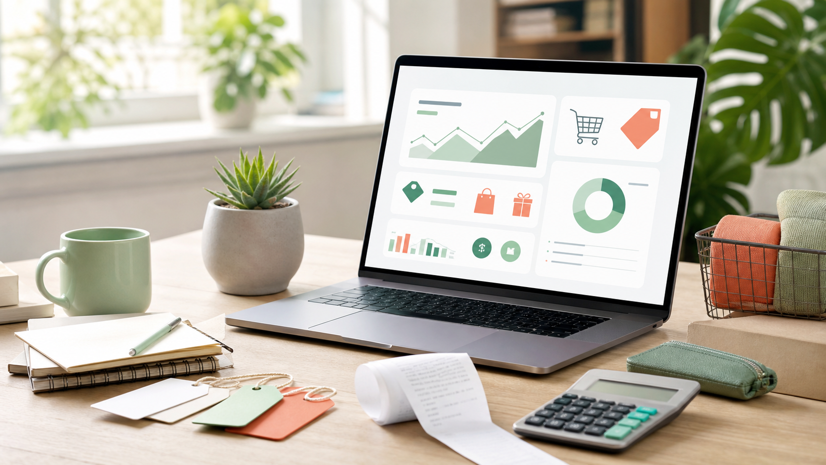Desktop scene with deal research tools and shopping notes
